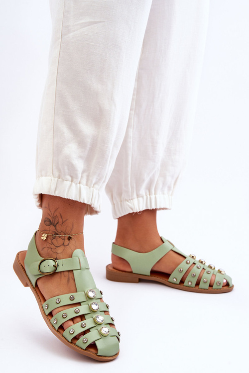 Sandały Damskie Płaskie Cyrkonie Zielone Ascot G-13