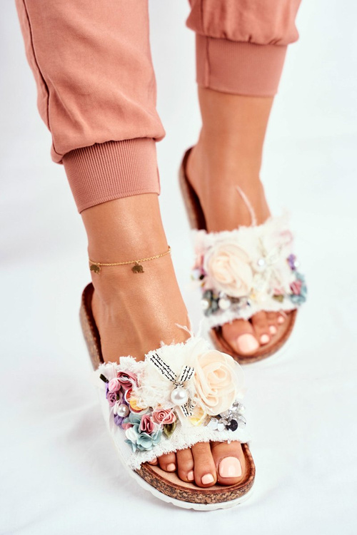 Women's Slides With Flowers White Enrissa