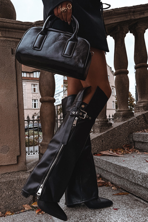 Damskie Kozaki Ocieplane Za Kolano Słupek Pasek Z Klamrą Czarne Reisa