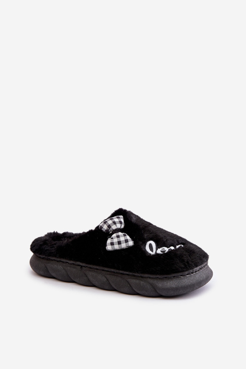 Women's Fleece Slippers With Patches And Bow Black Linnorelia