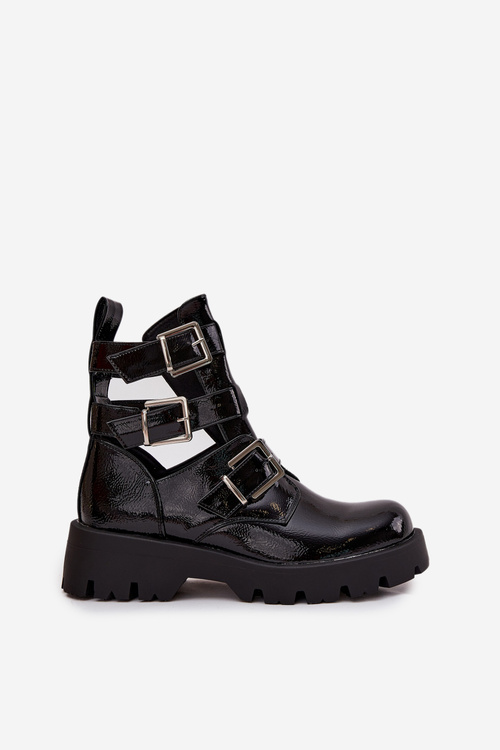 Lacquered Women's Boots with Straps and Silver Clamps Black Helisse