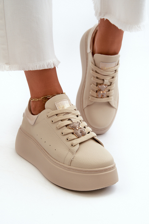 Women's Leather Platform Sneakers with Bow Beige Vinceza 66641