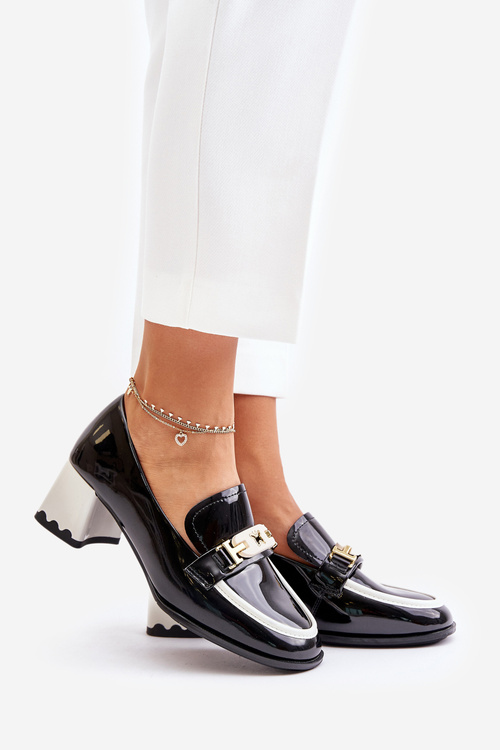 Półbuty Damskie Lakierowane Obcas Ozdoba Czarne Artiker 55C1002