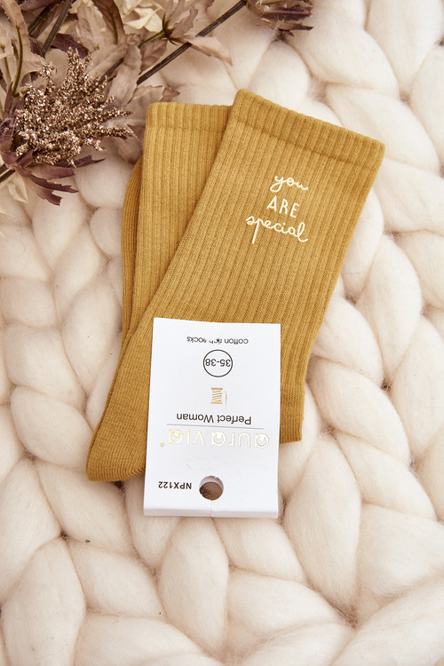 Women's Plain Socks With Yellow Text
