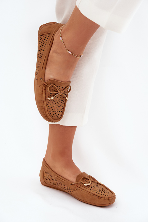 Ladies Moccasins With Perforated Pattern And Lacing Camel Mirisa