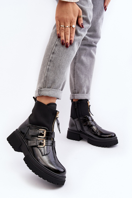 Black patent leather women's ankle boots with flat heel Rellisa