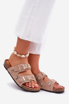 Women's sandals on cork sole with buckles and appliqués khaki Efadelis