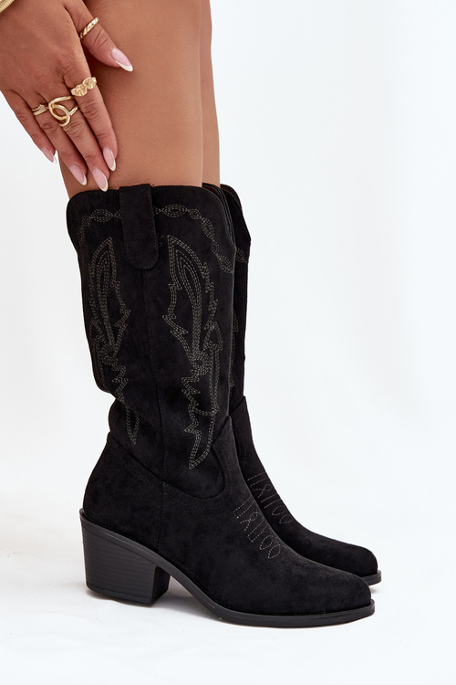 Damskie Kozaki Kowbojki Ocieplane Na Obcasie Czarne Vinceza 16508