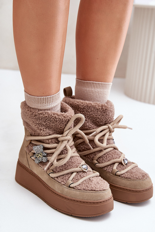 Damskie Śniegowce Na Platformie Z Przypinkami I Futerkiem Brązowe Almatiza