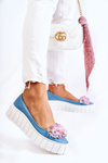 Leather Ballerinas On A Platform With A Ornament Blue and White Ladette