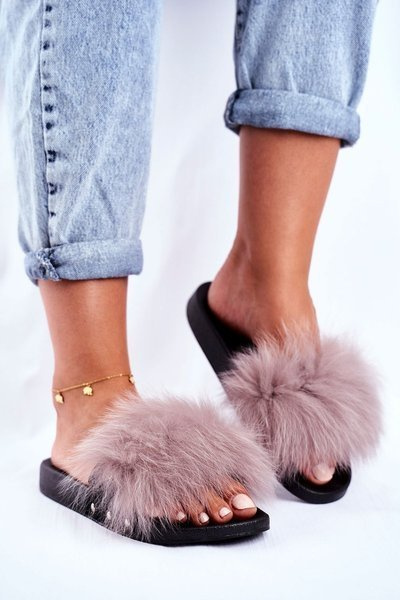 Women's Slides With Natural Fur Light Grey Bushido
