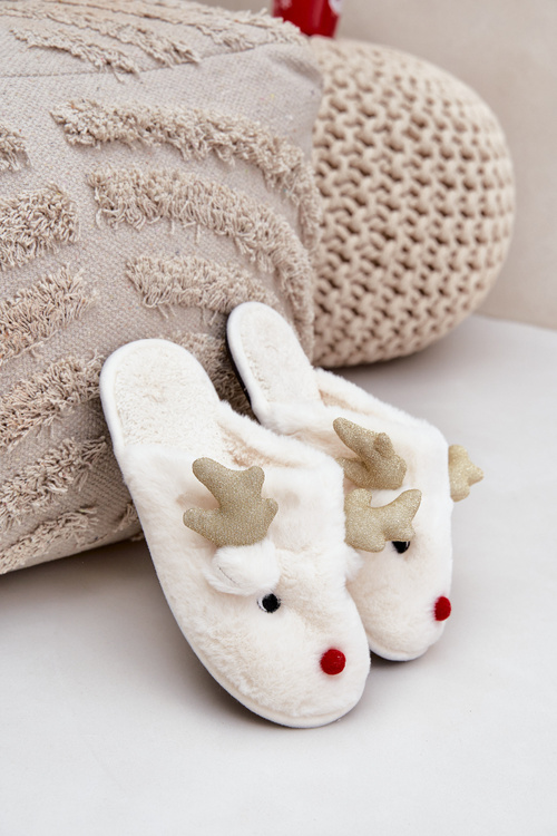 Christmas Slippers With Reindeer Motif Fur White Asielle