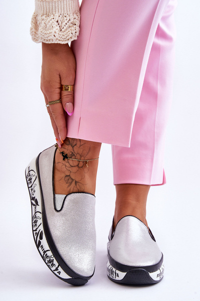 Tenisówki Damskie Skóra Slip-On Srebrne Ottavia
