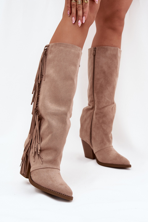 Women's Cowboy Boots With Fringes On A Heel Beige Tivara