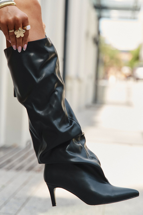 Women's High Heel Ankle Boots Slip-On With Gathering Black Rosivine