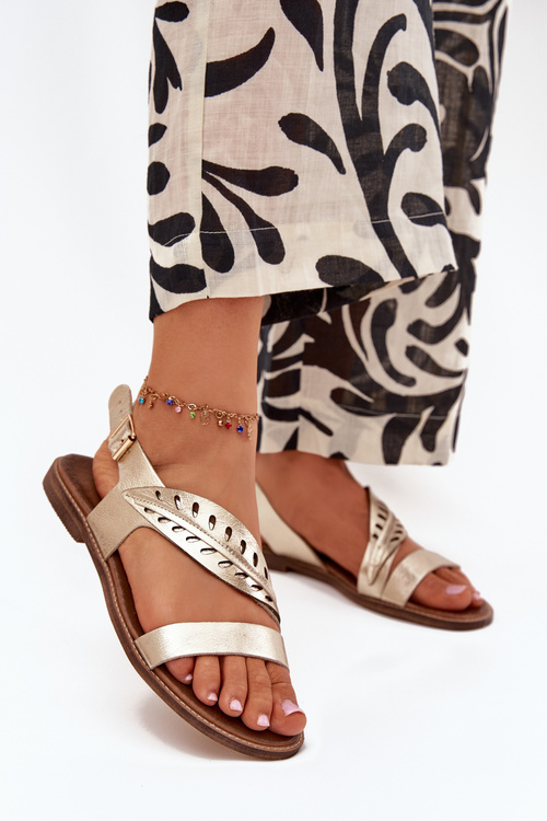 Damskie Sandały Skóra Naturalna Płaski Obcas Złote Zazoo 3564