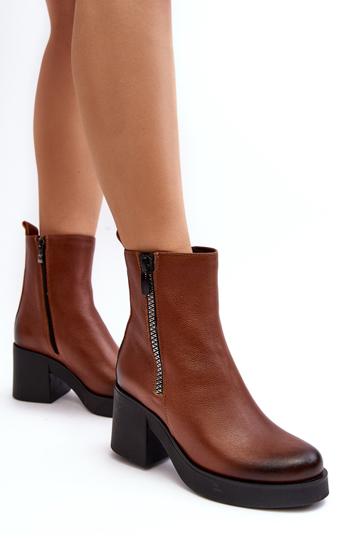 Leather Boots with Chunky Heel and Zippers Brown Lemar Littosa