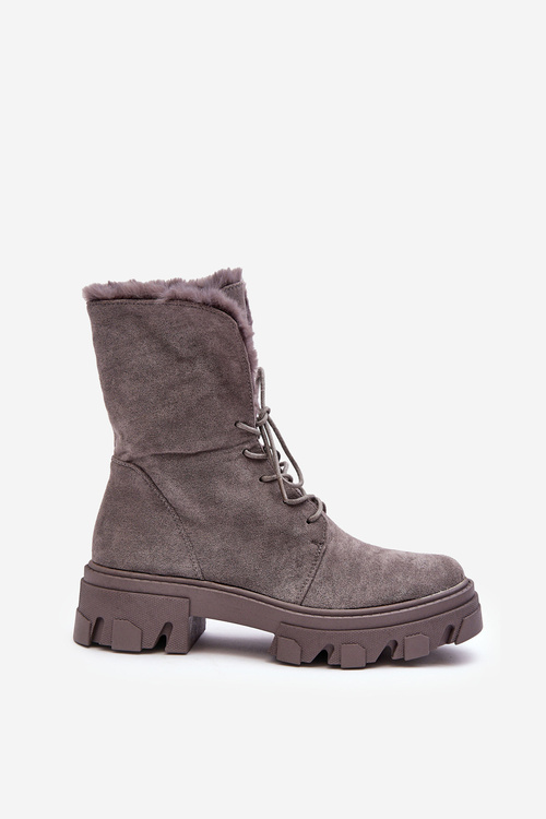 Workery Botki Sznurowane Zamsz Futerko Szare DA96P