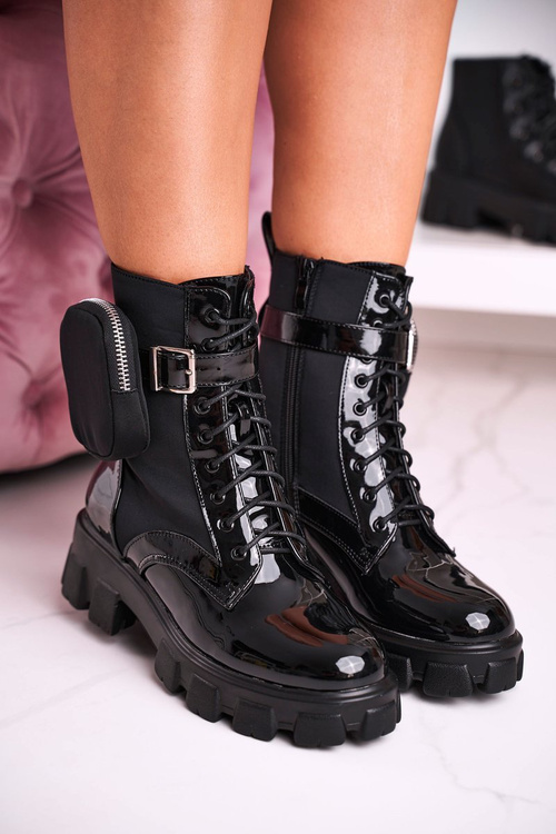 Platform Boots With A Purse Patent Black Army