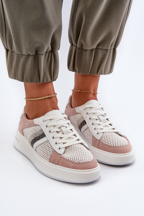 Buty Sportowe Skóra Biało-Różowe S.Barski LR110