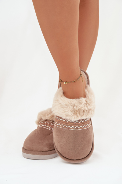 Women's slippers with fur and embroidery Khaki Devianne
