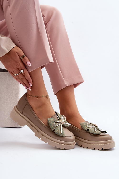 Women's Leather Moccasins with Bow Laura Messi 2787 Beige