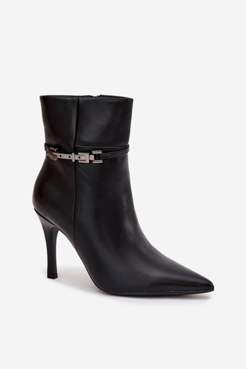 Women's ankle boots on heel with strap and silver element heated black Bellisse