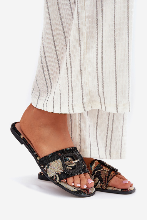 Flat Women's Slippers With Decorative Buckle Black Clariola