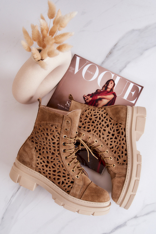 Botki Zamszowe Ażurowe Wiosenne Camel Aileen