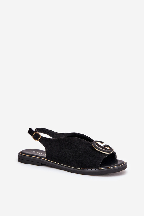 Elegant Women's Sandals with Gold Decoration on Flat Heel Black S.Barski KV27-053