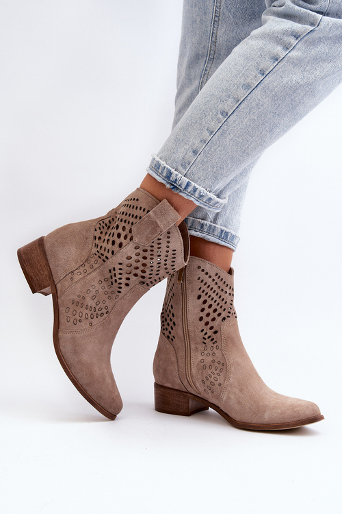 Botki Kowbojki Damskie Ażurowe Zamszowe Niski Obcas Cappucino Zazoo 3305/2