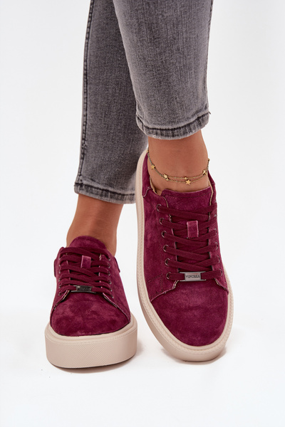 Damskie Niskie Sneakersy Na Platformie Zamszowe Bordowe Vinceza 79578