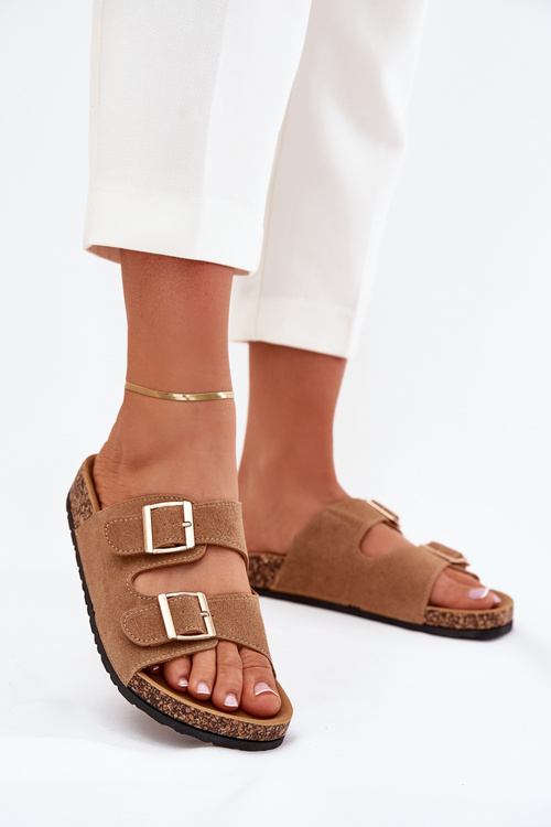 Ladies Slippers With Golden Buckles And Stitching Light Brown Lunera
