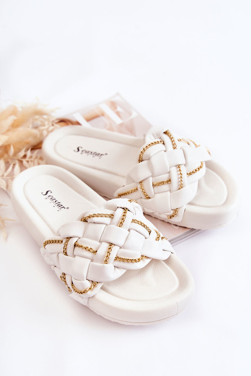 Women's Leather Slippers With A Chain White Soline