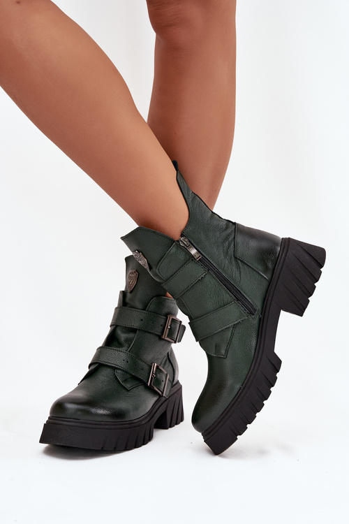 Leather Insulated Women's Boots With Buckles And Decorative Detail Zazoo 60482 Dark Green