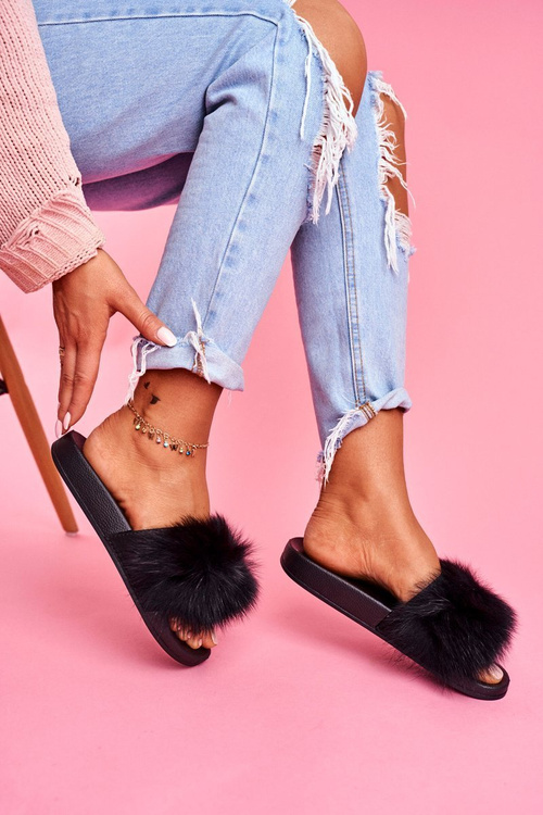 Flip Flops with Natural Fur Black Naturis