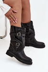 Wrinkled Women's Boots To The Middle Of The Calf With Straps And Buckles Black Halvessa