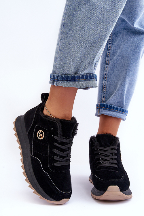 Buty Sportowe Ocieplane Platforma Skóra Czarne Adite TL233