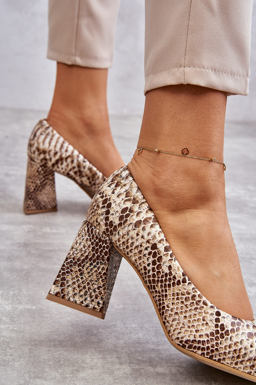 Czółenka Skóra Wężowy Wzór Beżowo-Złote Lewski Shoes 3277