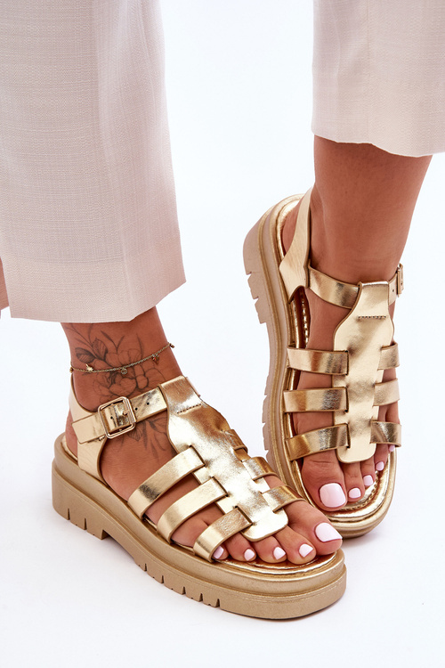 Sandały Skóra Płaskie Paseczki Złote Diosa D-27