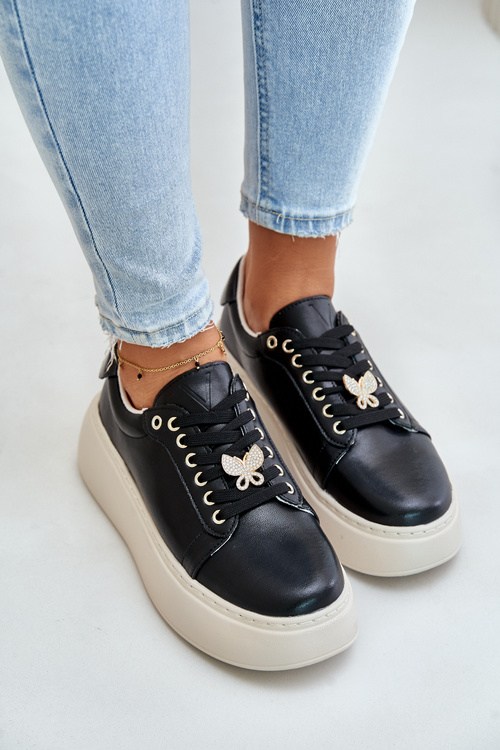 Leather Women's Platform Sneakers With Brooch Vinceza 89101 Black