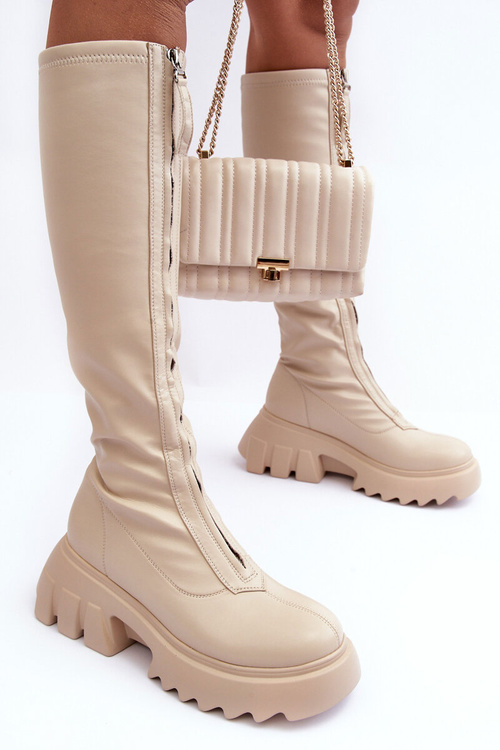 Leather Ankle Boots On Massive Platform With Zipper Beige Ringo