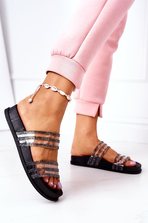 Rubber Slippers With Cubic Zirconia Black Miss You