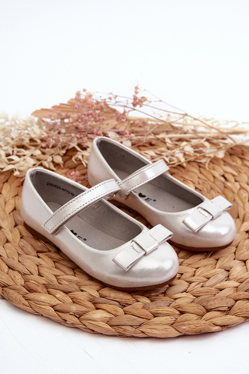 Shiny Children's Ballerina Flats with Bow on Velcro Silver Fiorelle