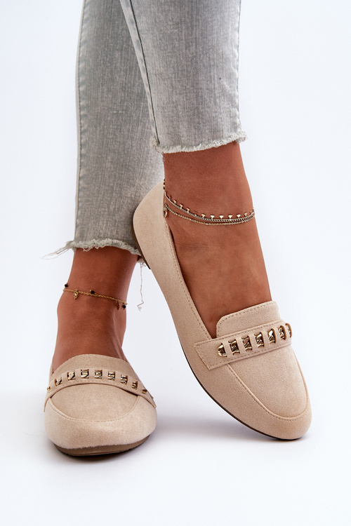 Mokasyny Damskie Z Łańcuchem Błyszczące Beżowe Aredilla 9988-73