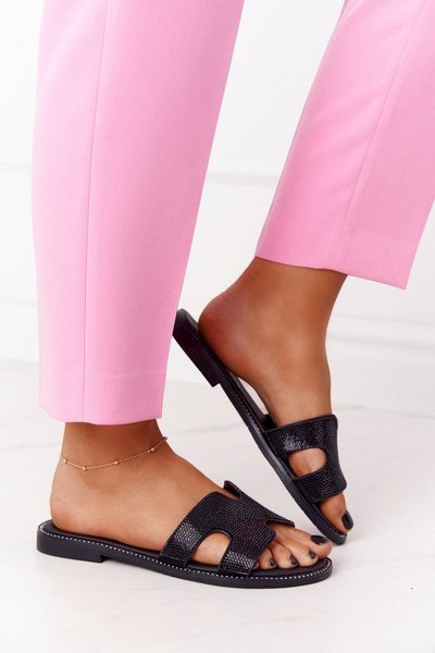 Leather Slippers With Cubic Zirconia Black Modena