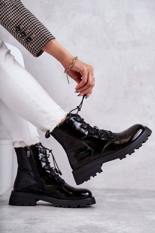 Women's Laquered Warm Boots With Ribbed Black Helia