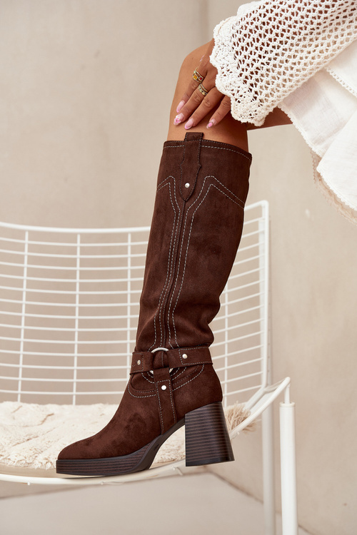 Warm women's heeled boots with stitching chocolate Alessara