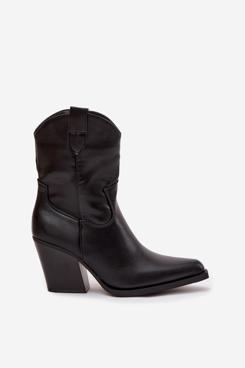 Damskie Botki Obcas Słupek Kowbojki Eko Skórzane Czarne Sorelia