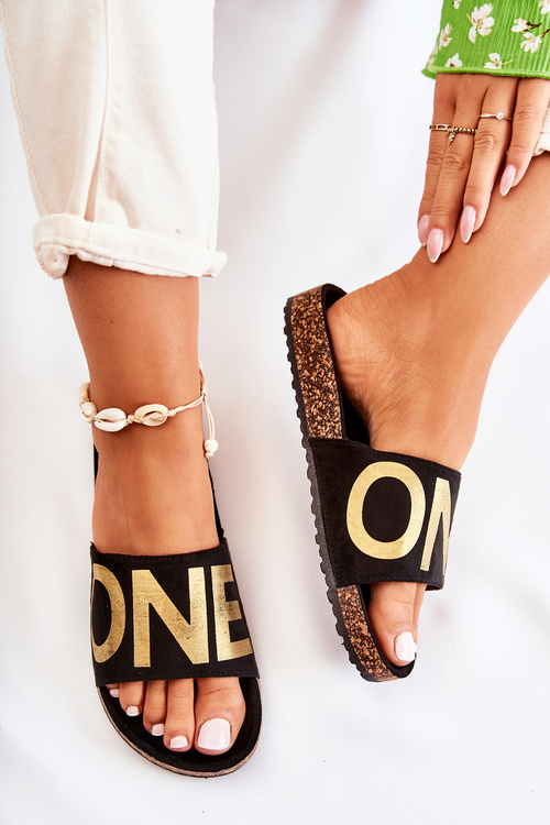 Classic Slip-On Slippers With Inscription Black and Gold Bahari